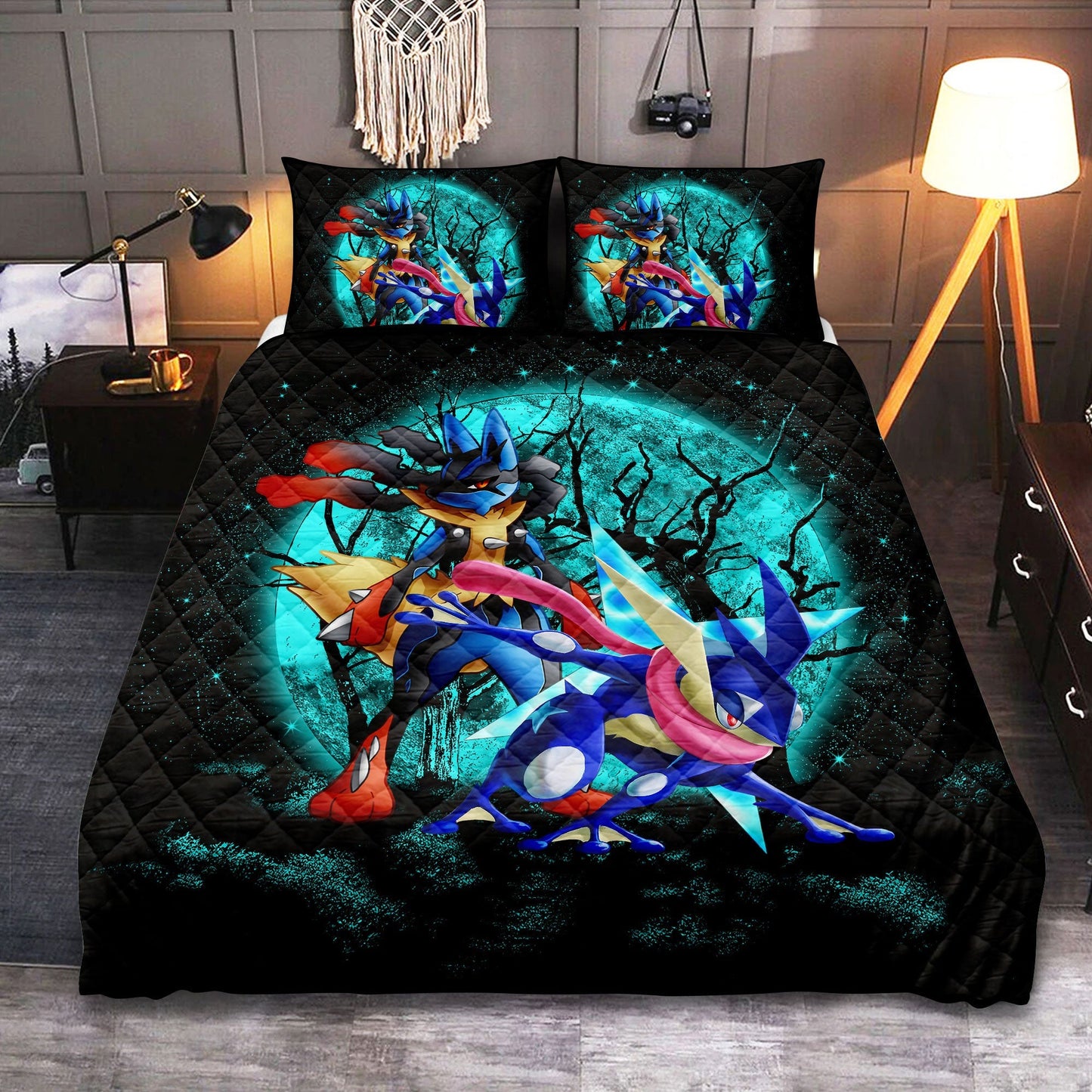 PKM Bedding Set Greninja And Mega Lucario Duvet Covers Black Blue Unique Gift