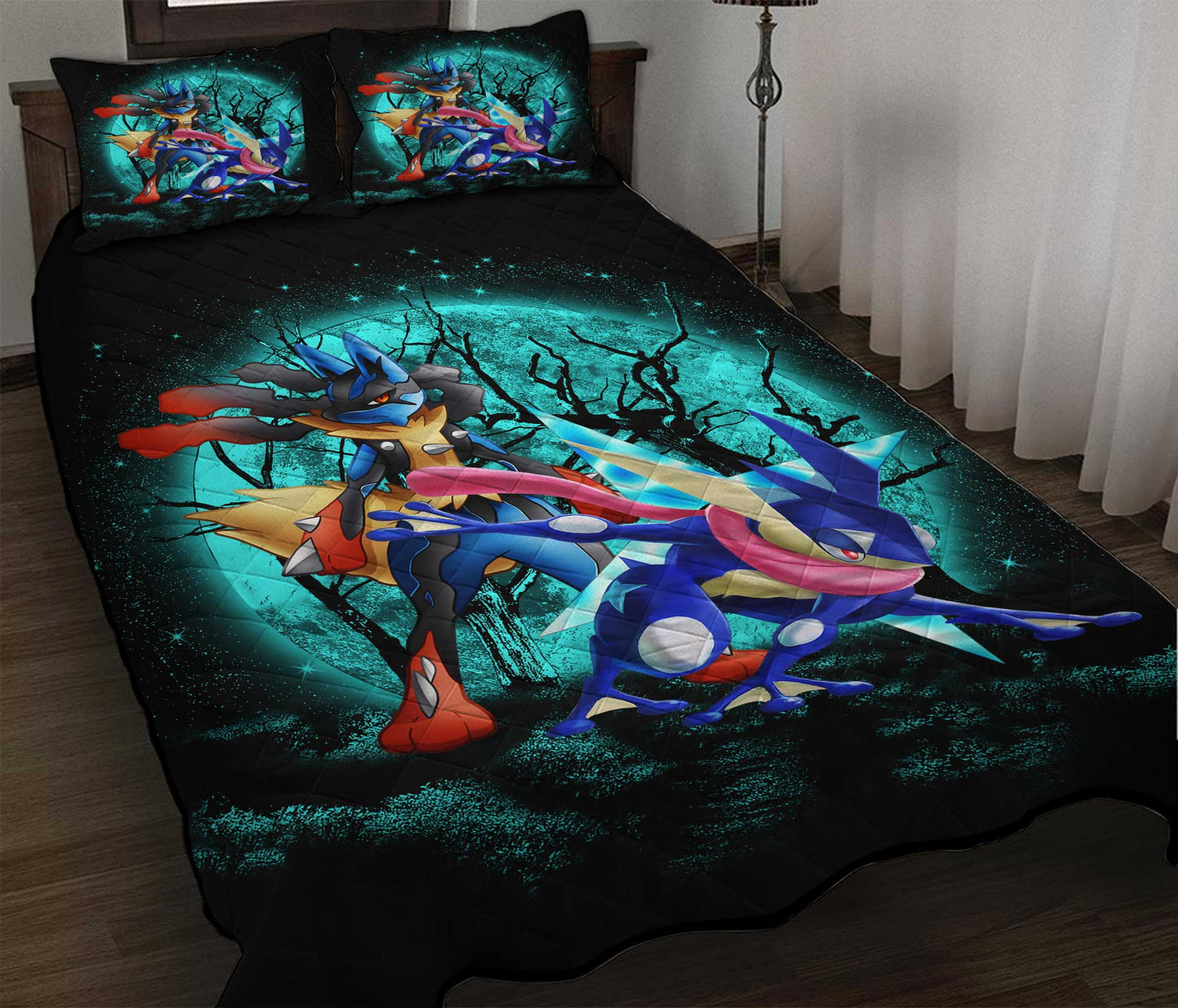 PKM Bedding Set Greninja And Mega Lucario Duvet Covers Black Blue Unique Gift