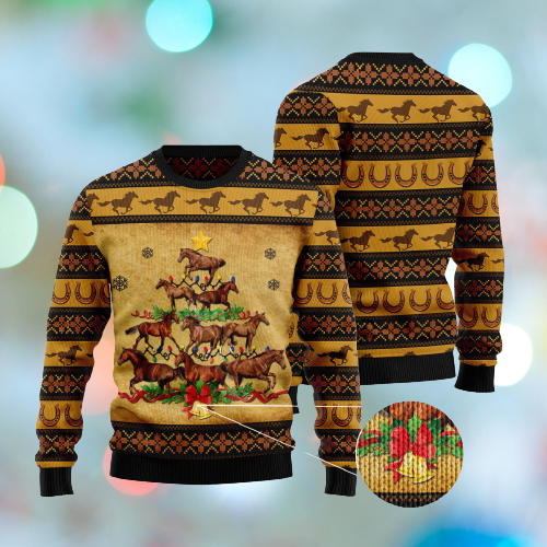 Horse Christmas Ugly Sweater Horse Christmas Tree Brown Yellow Sweater