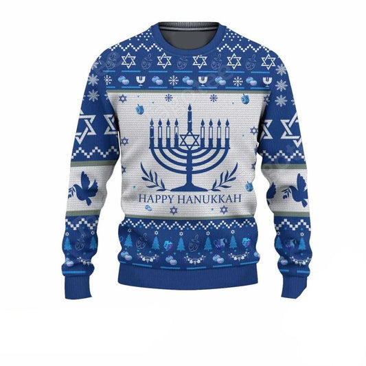 Hanukkah Sweatshirt Happy Hanukkah Menorah Christmas Tree Pattern Sweatshirt White Blue Unisex