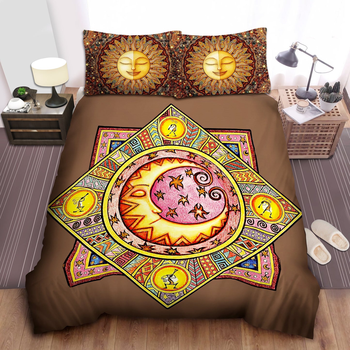 Hippie Bedding Set Hippie Sun Or Moon Art Duvet Covers Brown Yellow Unique Gift