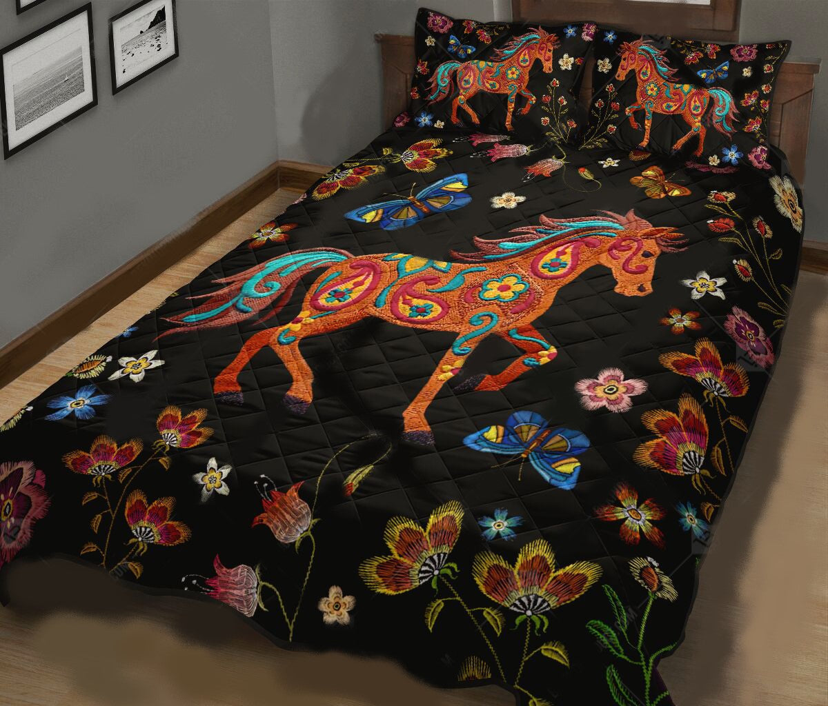 Horse Bedding Set Horse Bohemian Embroidery Flower Duvet Covers Black Unique Gift