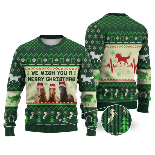 Horse Christmas Ugly Sweater We Wish You A Merry Christmas Three Horses Green Sweater