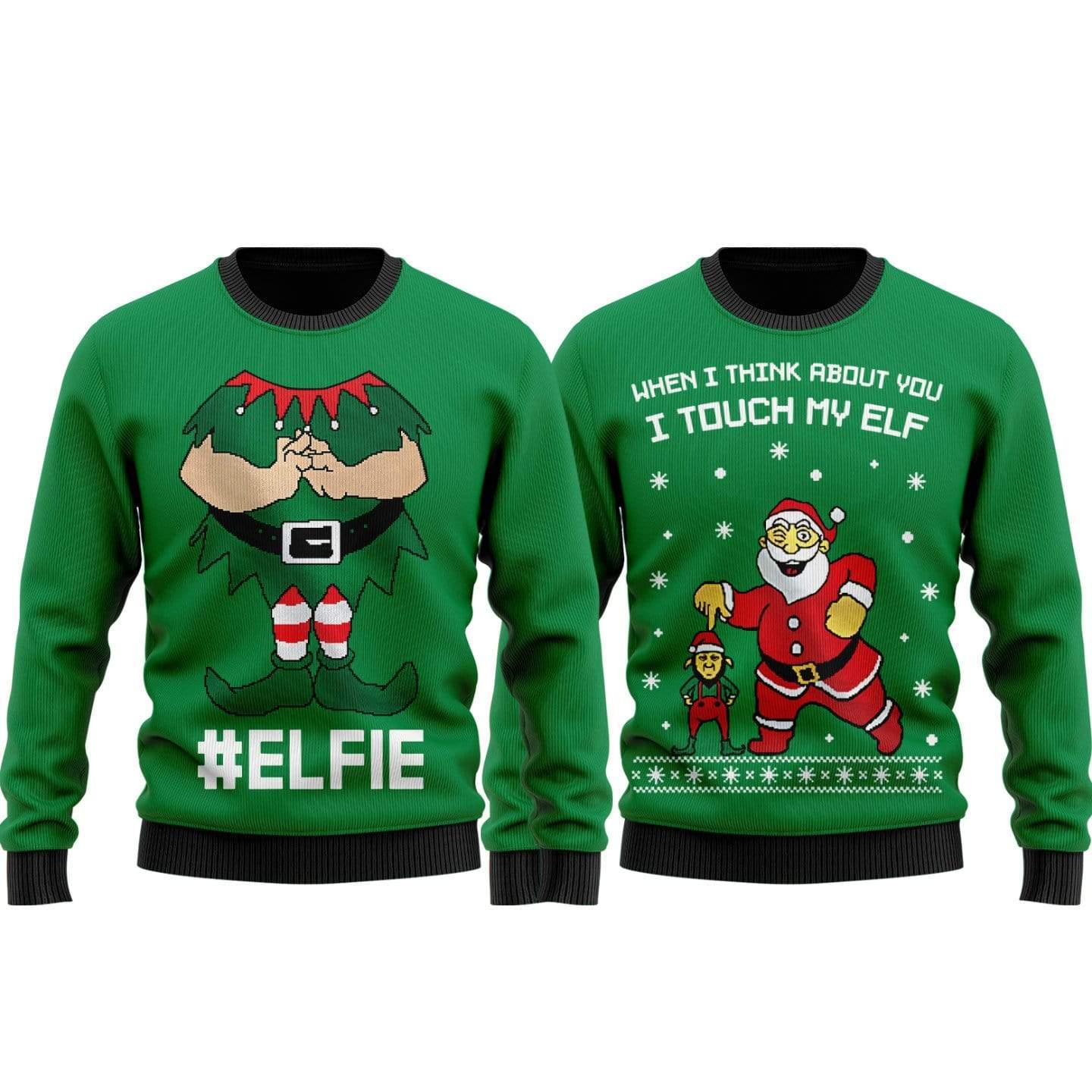 Unifinz Elf Ugly Christmas Sweater Elfie When I Think About You I Touch My Elf Green Sweater
