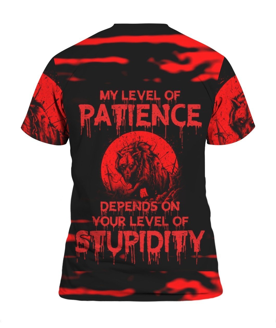 Halloween T-shirt Scary Wolf My Level Of Patience Depends On Your Level Of Stupidity Red Black Hoodie Full Print Unisex
