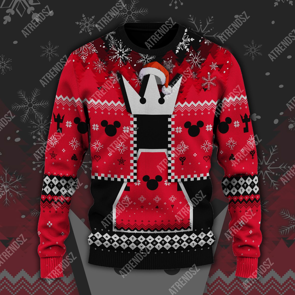 Kingdom Hearts Ugly Sweater Mickey Head Key Pattern Christmas Kingdom Hearts Symbol Red Black Sweater