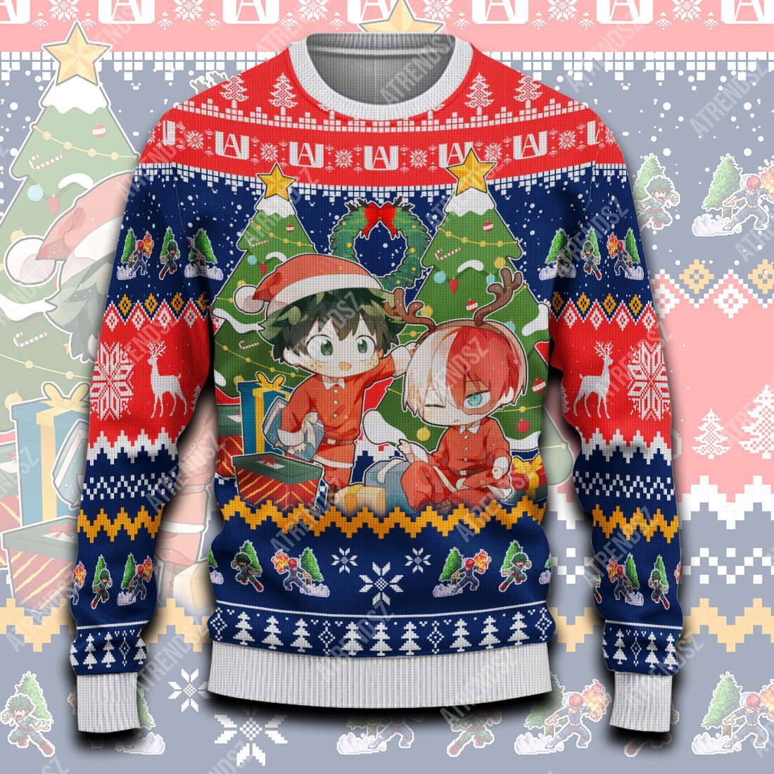 My Hero Academia Sweater Todoroki Shouto Midoriya Izuku Christmas Tree Blue Red Ugly Sweater