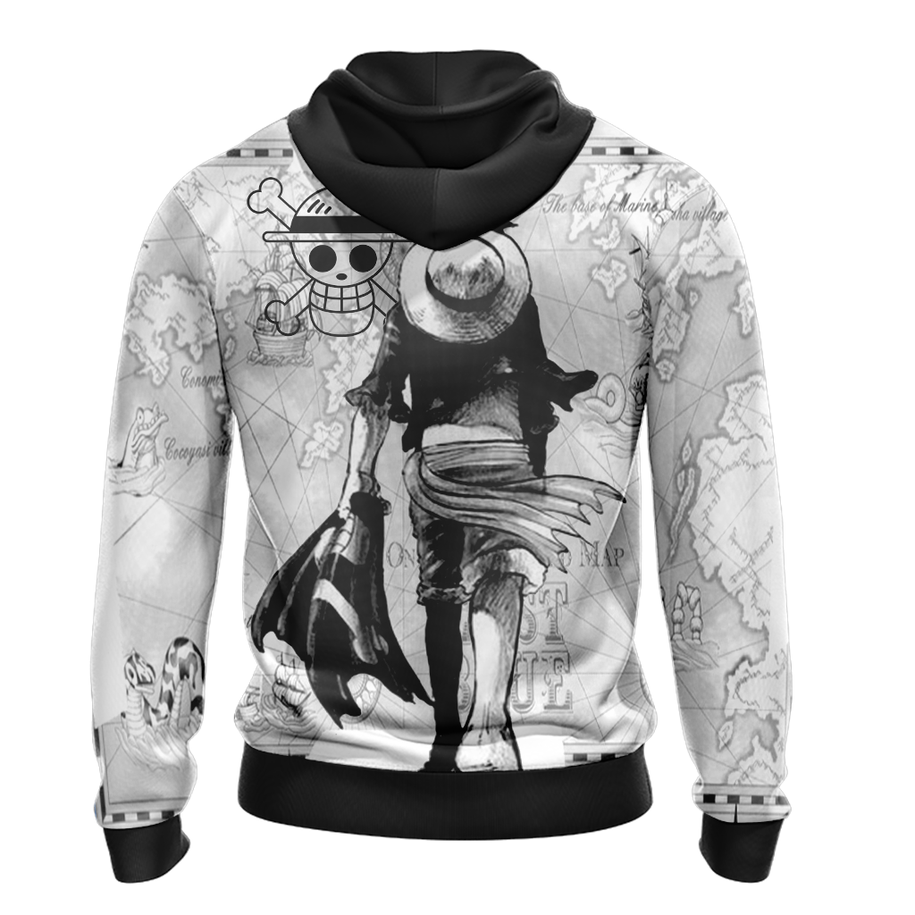 One Piece Hoodie Captain Luffy World Map Hoodie Black White Unisex