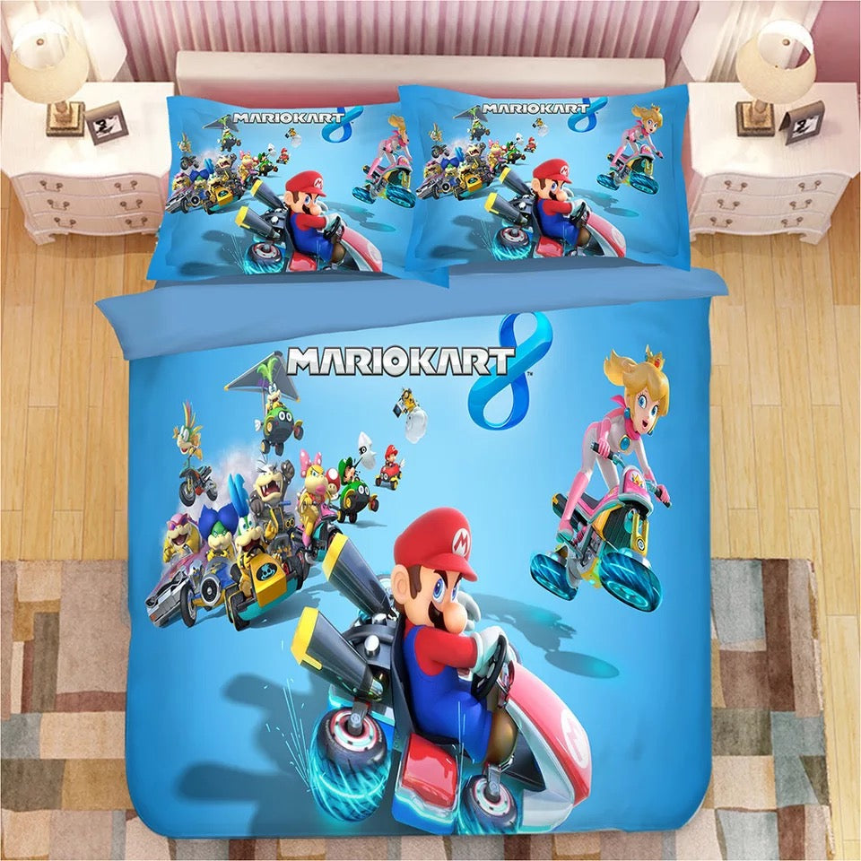 Mario Bedding Set MarioKart Characters On Cars Duvet Covers Blue Unique Gift