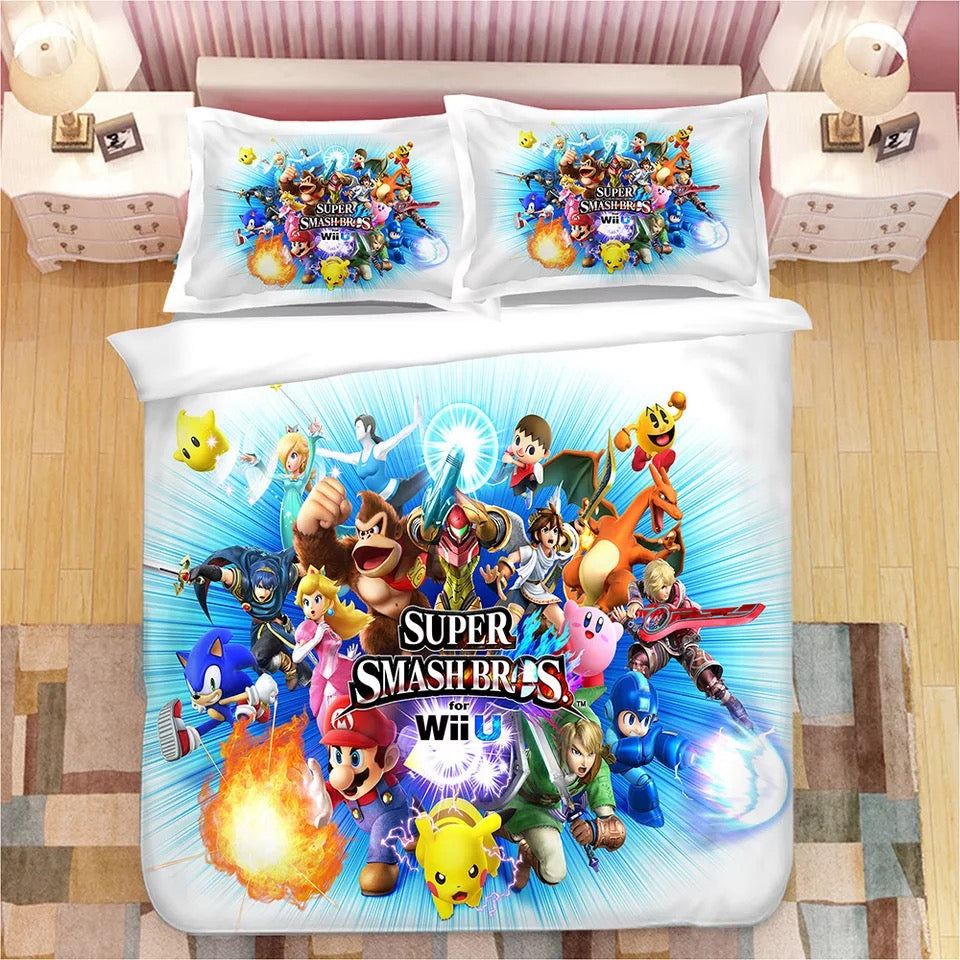 Mario Bedding Set Super Smash Bros Characters Fighting Duvet Covers White Unique Gift