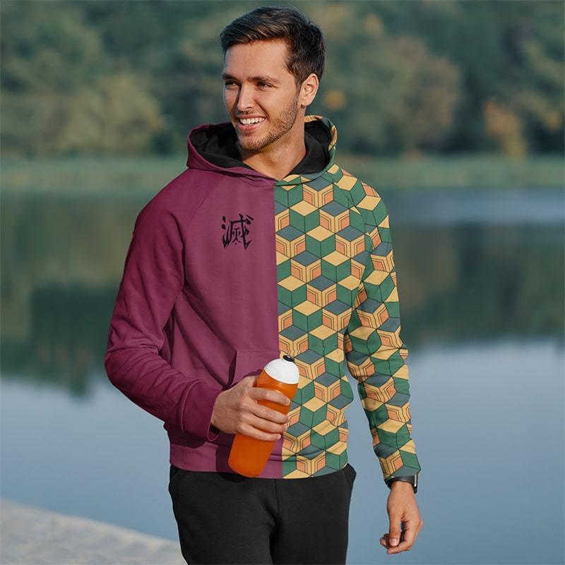 Unifinz Demon Slayer Hoodie Giyu Tomioka Green Yellow Pattern Costume Hoodie Demon Slayer Apparel 2022