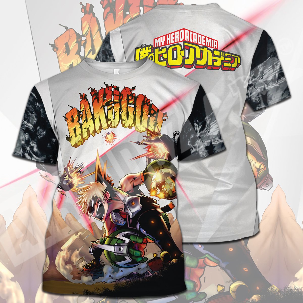 My Hero Academia T-shirt Bakugou Explosion My Hero Academia Logo Black White T-shirt Hoodie Adult Full Print