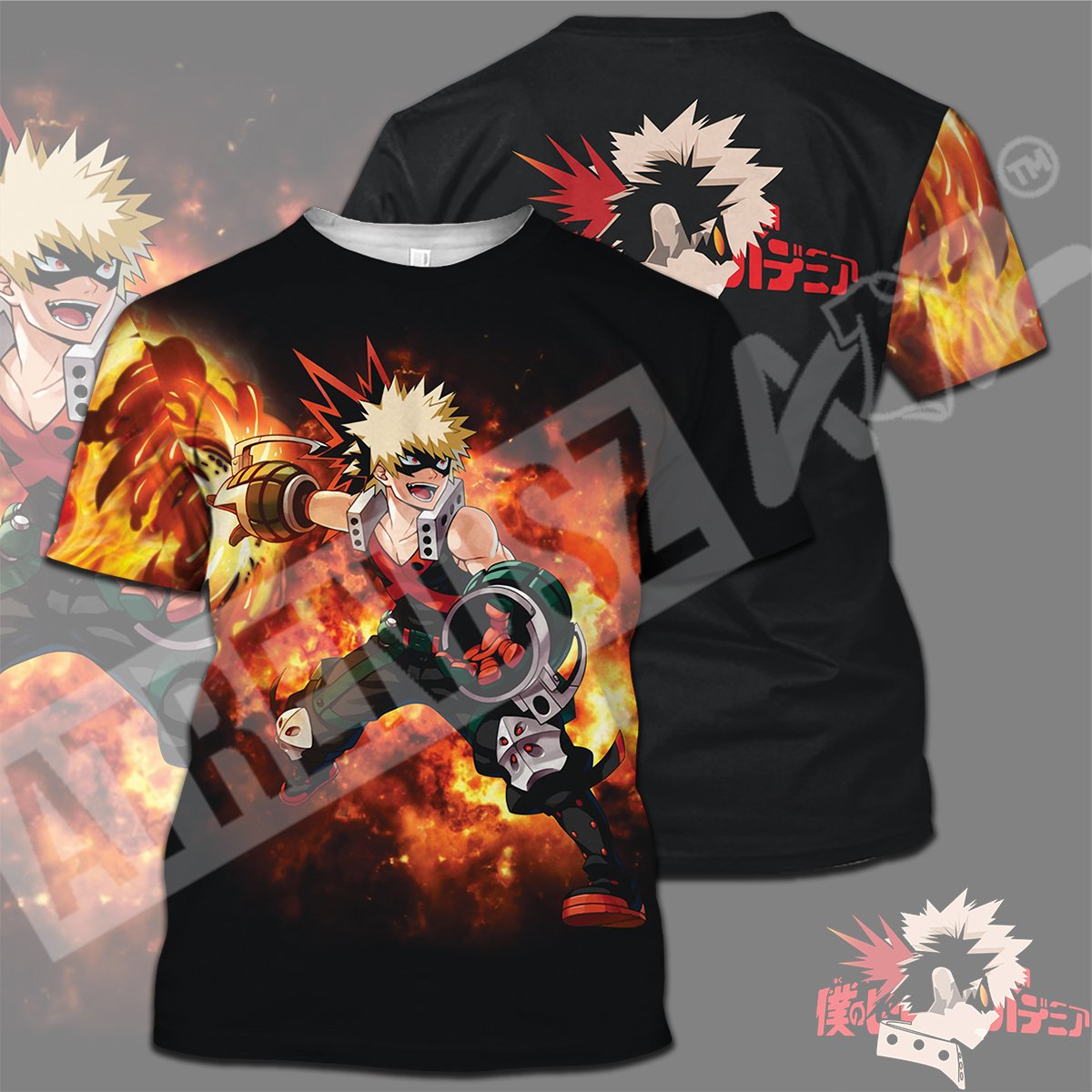 My Hero Academia T-shirt Bakugou Silhouette Fire My Hero Academia Logo Black T-shirt Hoodie Adult Full Print