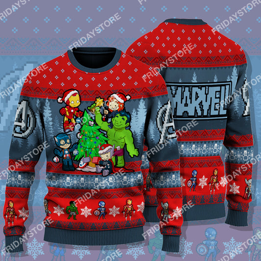 Unifinz MV Ugly Sweater MV Super Heroes With Christmas Tree Christmas Sweater Amazing MV Avengers Sweater 2022