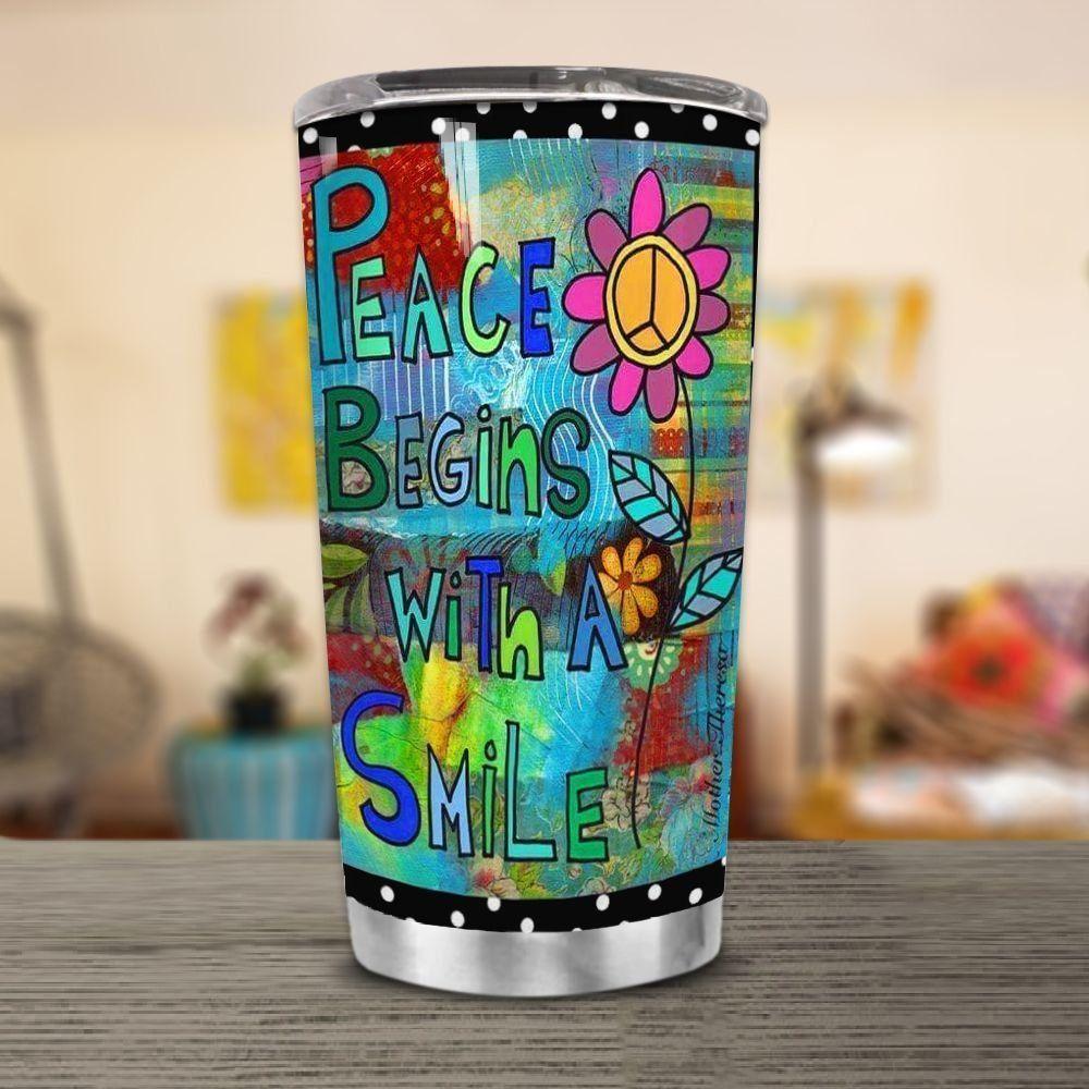 Hippie Tumbler 20 Oz Peace Begins With A Smile Flower Blue Tumbler Cup 20 Oz Travel Mug