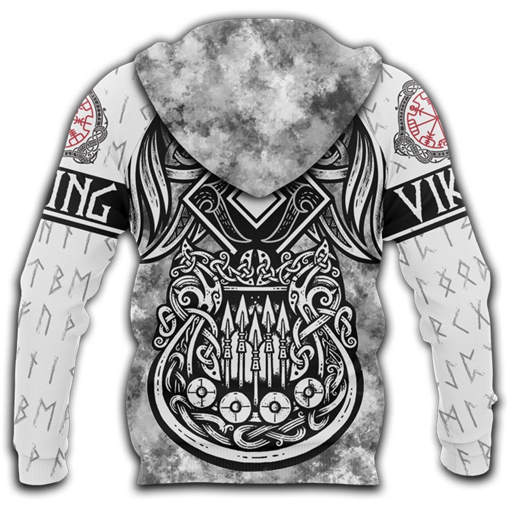 Viking Hoodie Raven And Drakkar Boat Runer Language White Hoodie Full Size Full Print