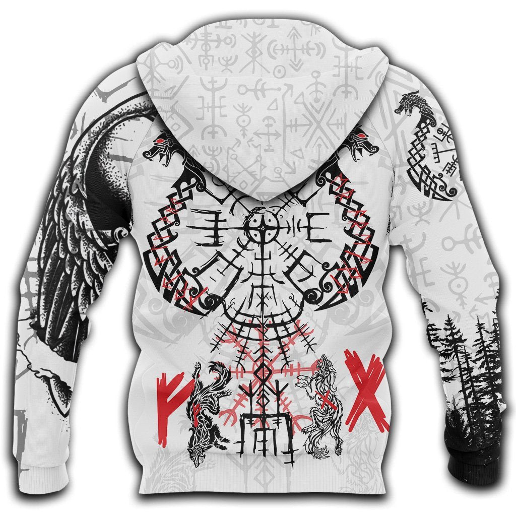 Viking Hoodie Raven Skull Drakkar Vegvisir The Viking Compass Symbol Black White Hoodie Full Print Full Size