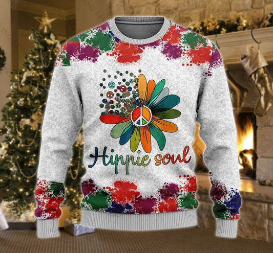  Hippie Ugly Sweater Hippie Soul Peace Sign Flower WaterColor Sweater