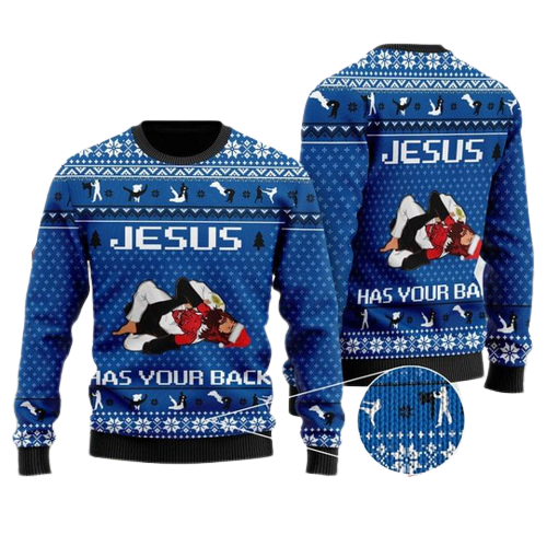 Unifinz Jesus Ugly Christmas Sweater Jesus Has Your Back Jiu Jitsu Christmas Pattern Blue Sweater 2023