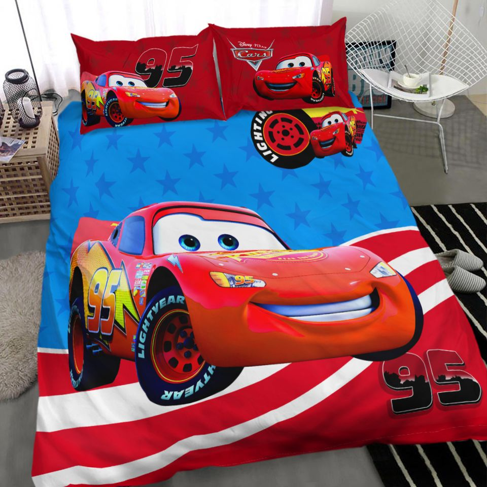 Cars Bedding Set DN Lightning McQueen American Flag Duvet Covers Blue Red Unique Gift