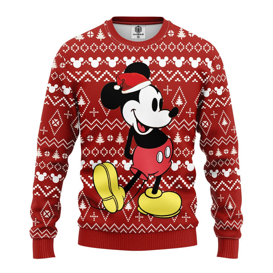 DN Christmas Sweater MK Mouse Christmas Hat Christmas Tree And Mouse Head Pattern Red Ugly Sweater