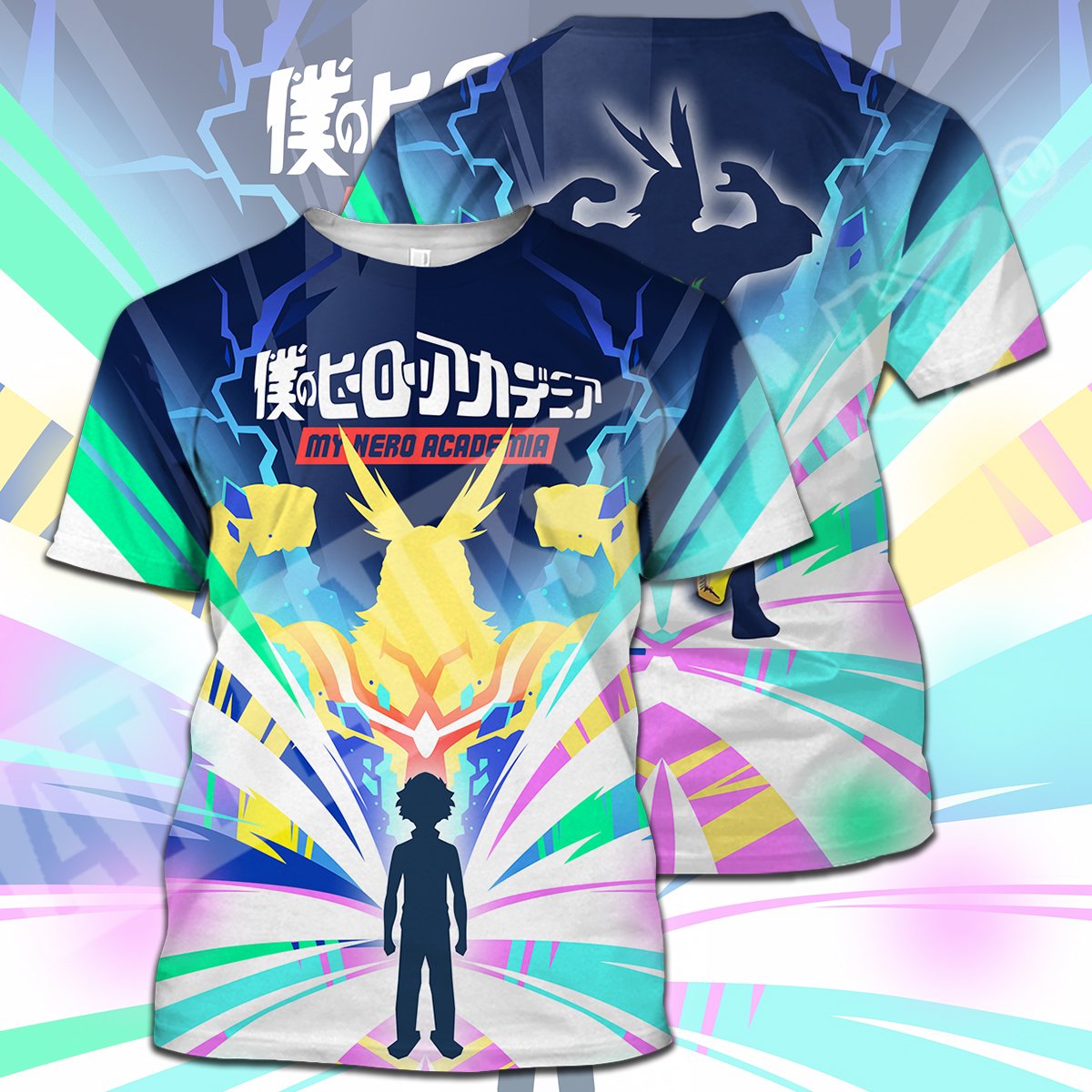 My Hero Academia T-shirt All Might Silhouette Midoriya Izuku My Hero Academia Logo Green Blue T-shirt Hoodie Adult Full Print