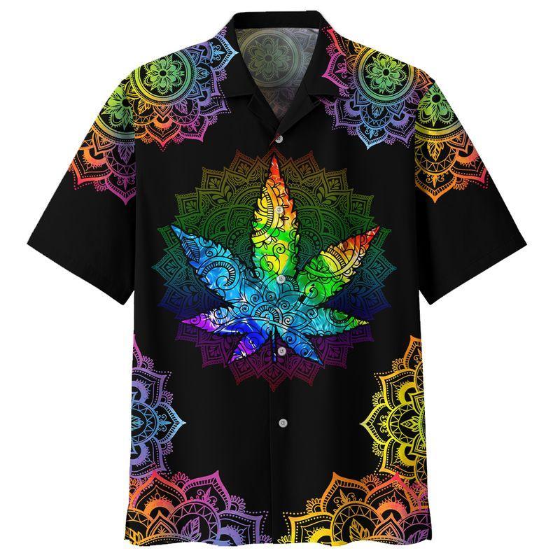 Hippie Shirt Weed Mandala Radiant Color Black Hawaiian Aloha Shirt