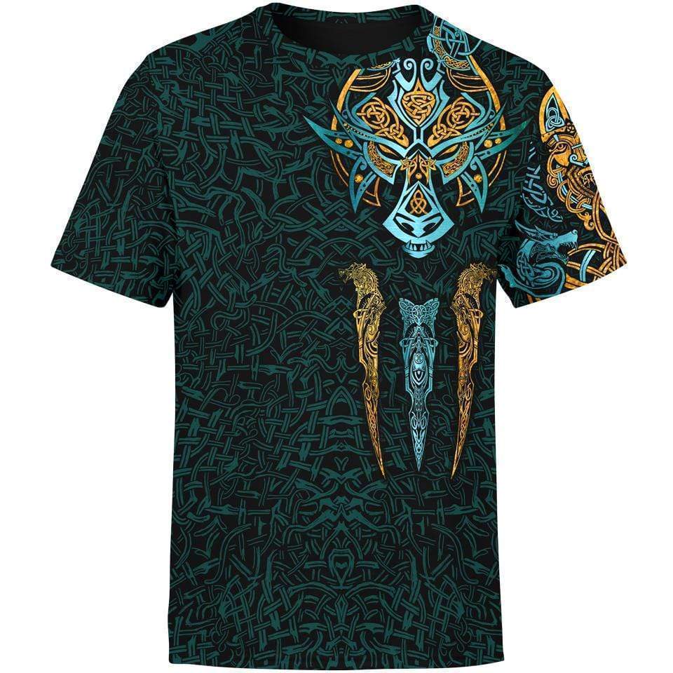 Viking Shirt Viking Fenrir Wolf Norse Art Style Blue Yellow T-shirt Viking Hoodie Adult Full Size