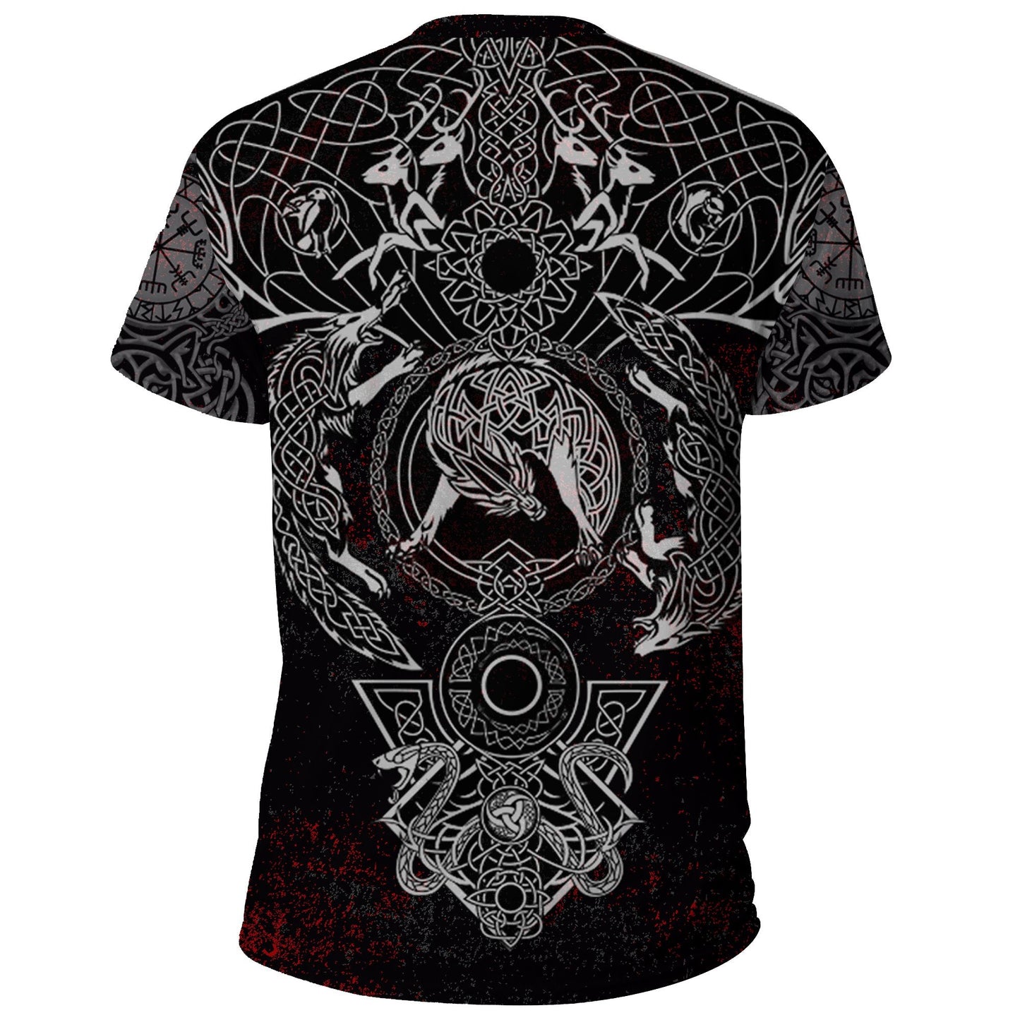 Viking Shirt Viking Fenrir Wolf Deer And Wolf Norse Art Black White Red T-shirt Adult Full Print