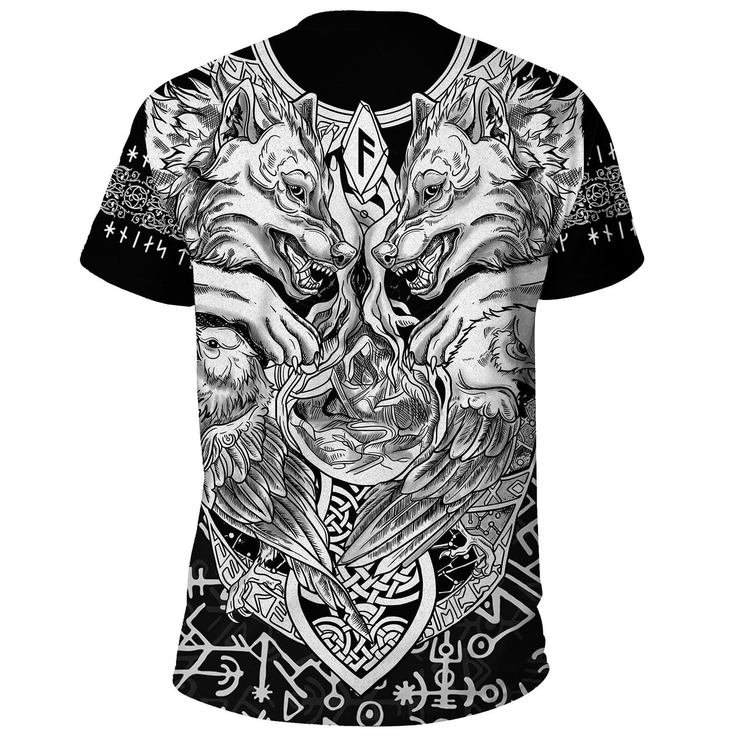 Viking Shirt Wolf And Raven Norse Drawing Art Style Black White T-shirt Full Size Full Print