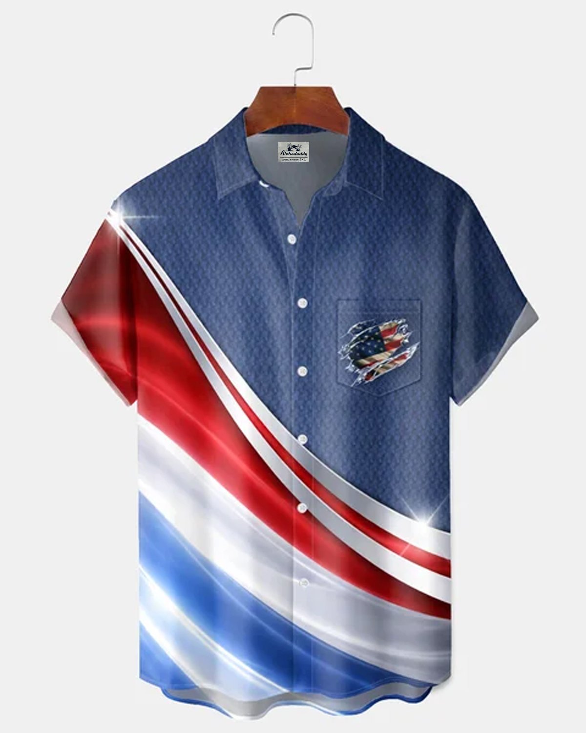 Alohadaddy® Men's Holiday Patriotic Torn American Flag Dynamic Streamline Retro Print Button Down Short-Sleeve Big & Tall