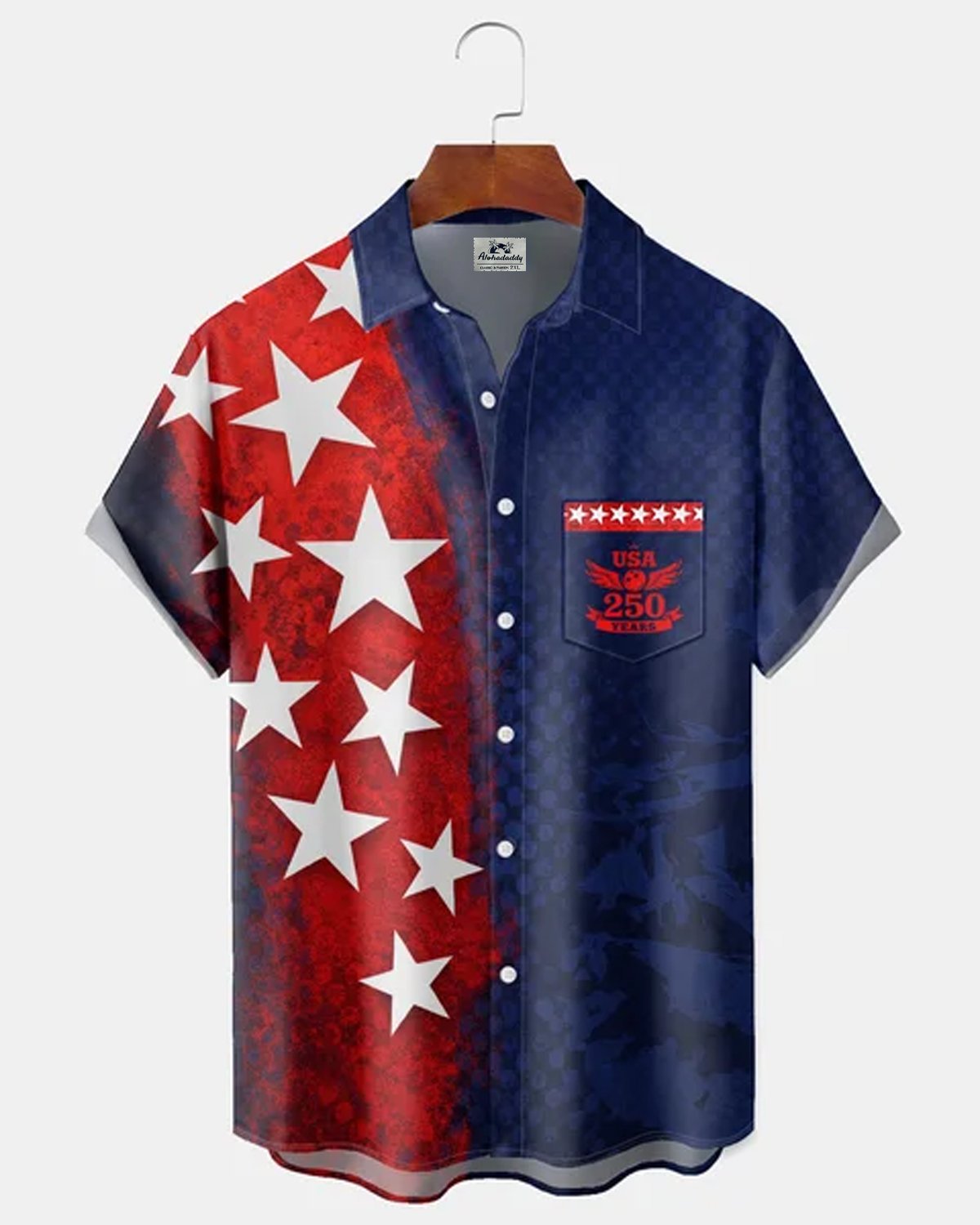 Alohadaddy® Men's Holiday Patriotic USA 250 Years Anniversary Stars Stripes Grunge Texture Retro Print Button Down Short-Sleeve Big & Tall