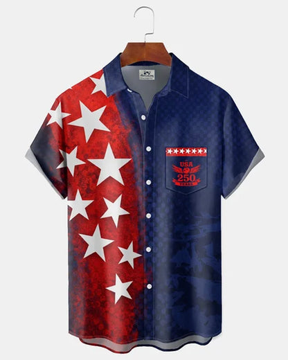Alohadaddy® Men's Holiday Patriotic USA 250 Years Anniversary Stars Stripes Grunge Texture Retro Print Button Down Short-Sleeve Big & Tall