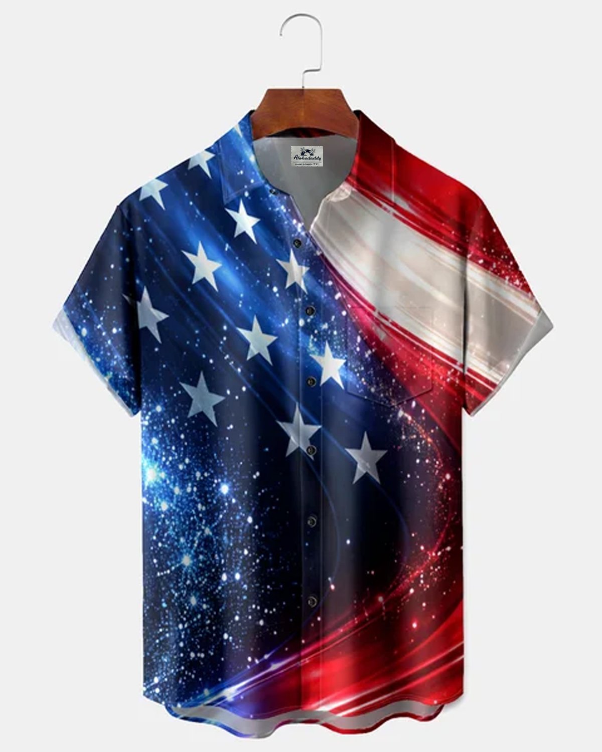Alohadaddy® Men's Holiday Patriotic American Flag Stars Stripes Galaxy Nebula Glare Retro Print Button Down Short-Sleeve Big & Tall