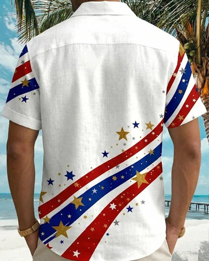 Alohadaddy® Men's Holiday Patriotic America 250th Anniversary 1776-2026 Stars Stripes Retro Print Button Down Short-Sleeve Big & Tall