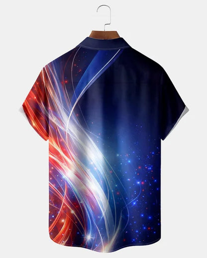 Alohadaddy® Men's Holiday Patriotic American Flag Abstract Light Streak Space Galaxy Retro Print Button Down Short-Sleeve Big & Tal