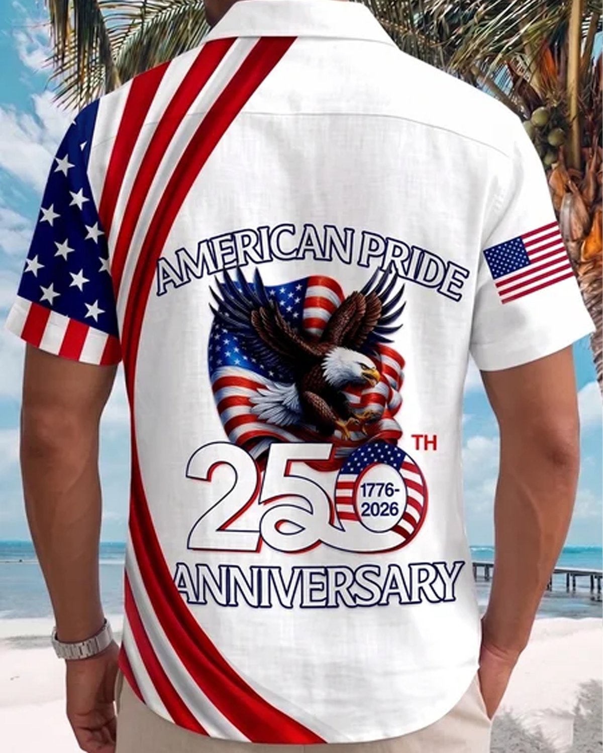 Alohadaddy® Men's Holiday 250th Majestic Bald Eagle Star-Spangled Banner Motif Asymmetric Patriotic Layout Print Retro Button Down Short-Sleeve Big & Tall