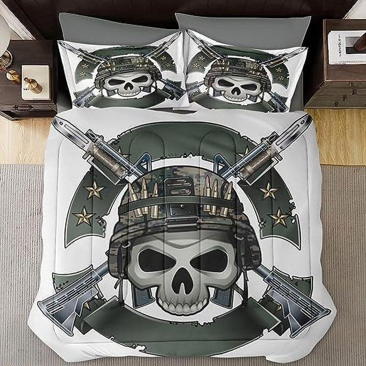 Veteran Bedding Set Skull Soldier Veteran Camo Pattern Duvet Covers White Green Unique Gift