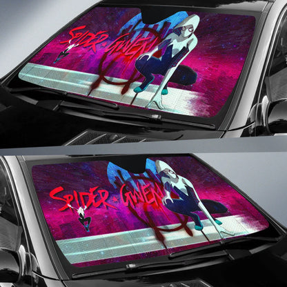 Spiderman Car Sun Shade Spider Gwen Graphic City Pattern Winshield Sun Shade Pink White