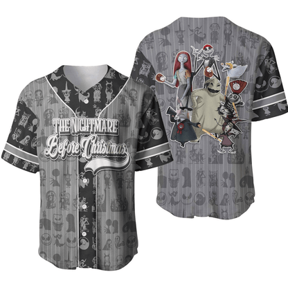 TNBC Baseball Jersey Nightmares Characters Pattern Jersey Shirt Black Gray Unisex Adult