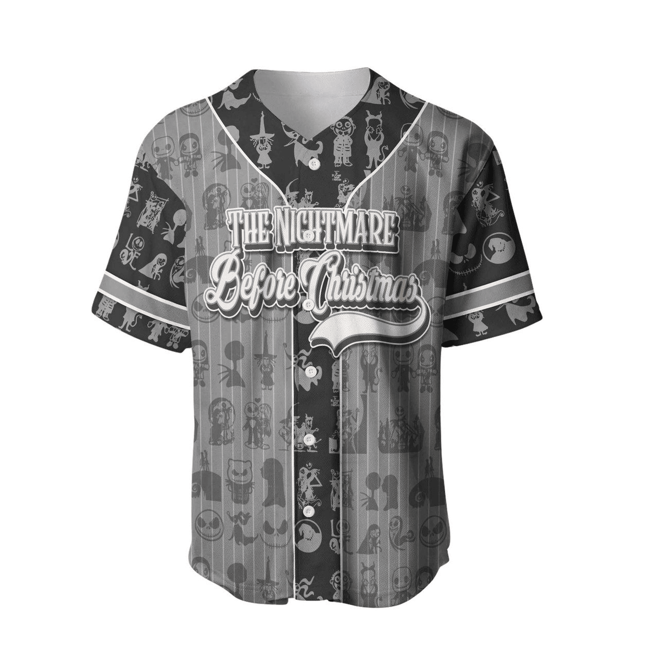 TNBC Baseball Jersey Nightmares Characters Pattern Jersey Shirt Black Gray Unisex Adult