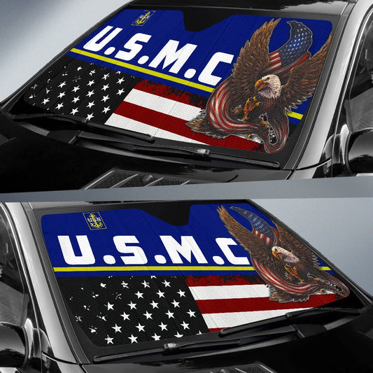 Veteran Car Sun Shade USMC American Flag Eagle Graphic Winshield Sun Shade Red Blue