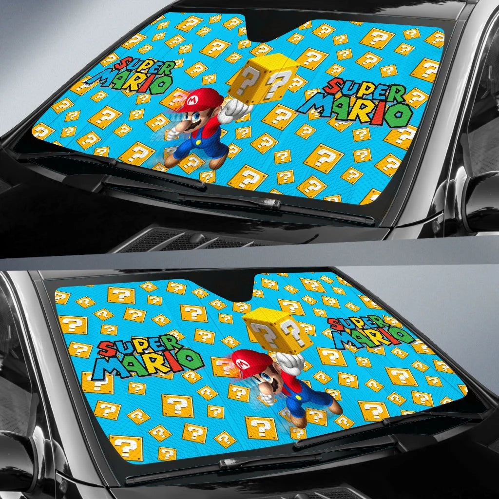 Mario Car Sun Shade Super Mario Question Box Pattern Winshield Sun Shade Blue Yellow