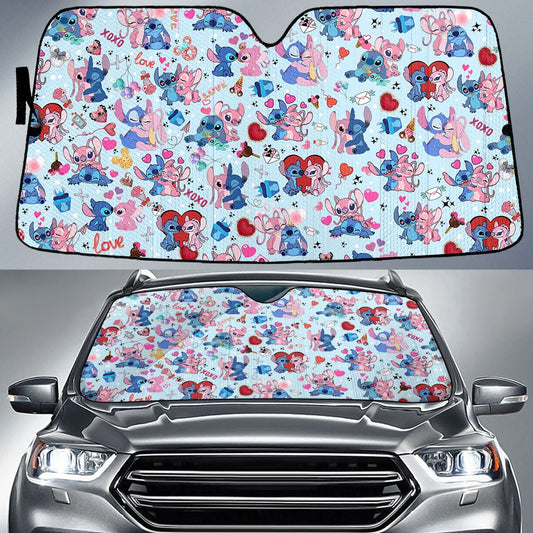 Stitch Car Sun Shade Stitch And Angel Valentine Love Pattern Winshield Sun Shade Blue Pink