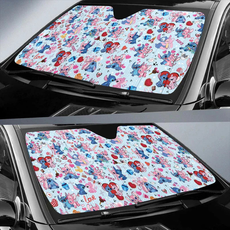 Stitch Car Sun Shade Stitch And Angel Valentine Love Pattern Winshield Sun Shade Blue Pink