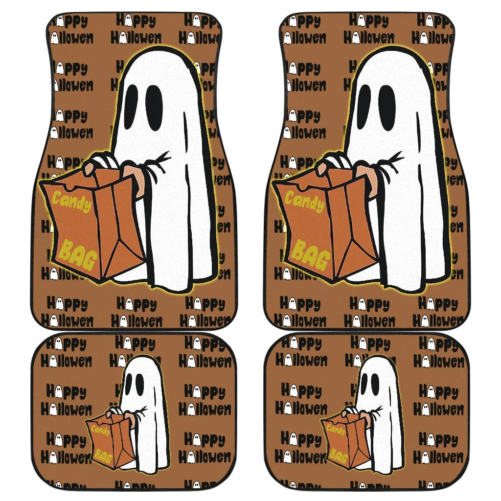 Halloween Car Mats Cute Ghost Cosplay Asking For Candy Bag Car Floor Mats Brown White