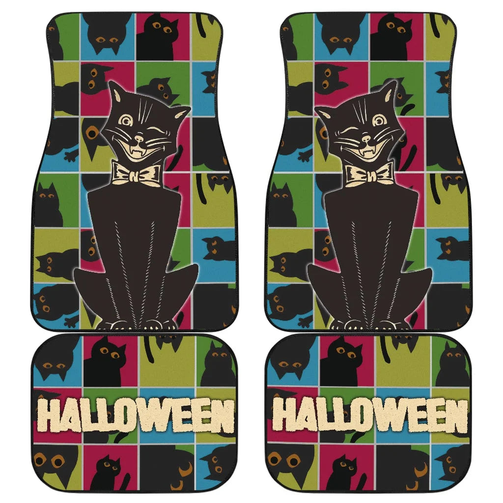 Halloween Car Mats Retro Black Cat Emotion In Square Patterns Car Floor Mats Colorful