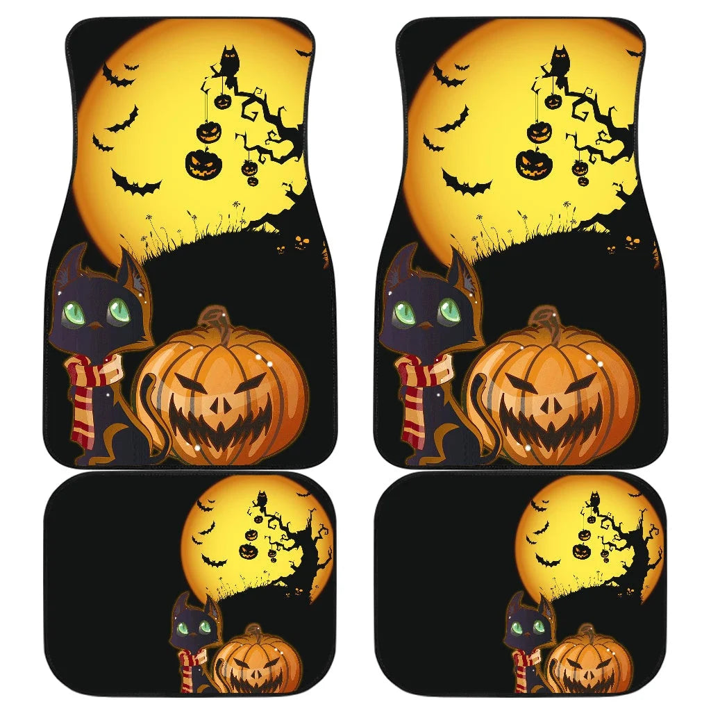 Halloween Car Mats Cat With Halloween Tree Moon And Pumpkin Car Floor Mats Black Orange