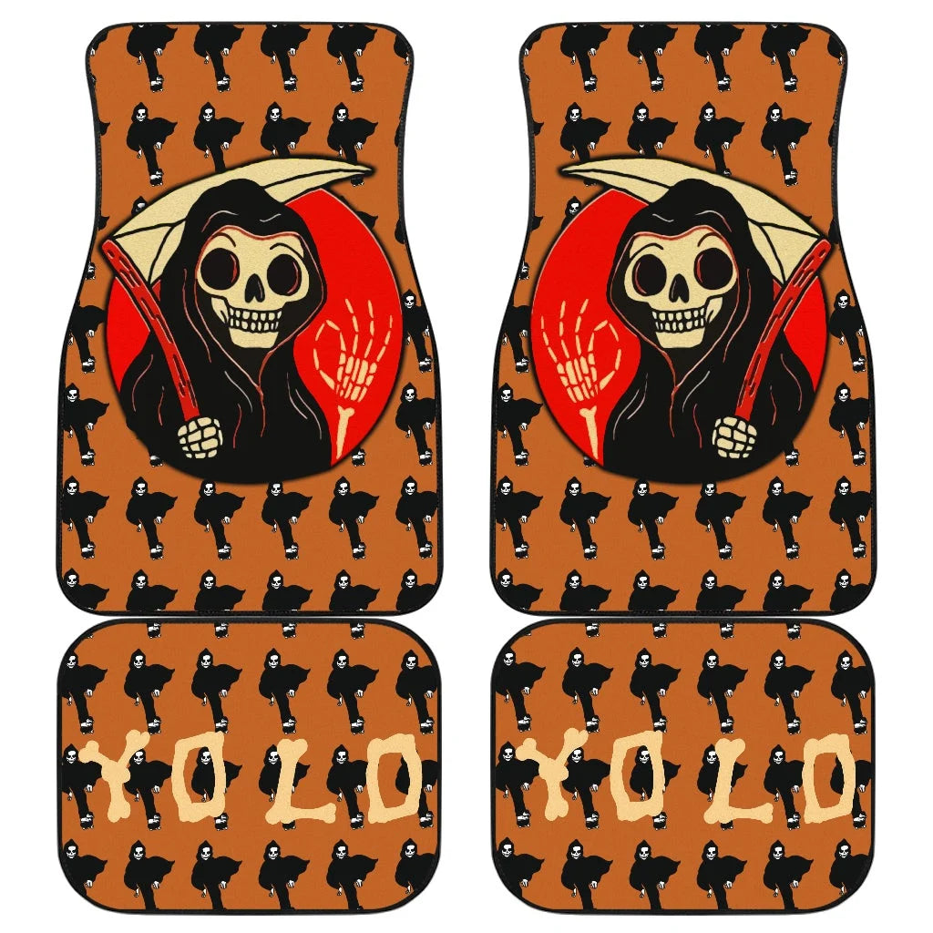 Halloween Car Mats Death Reaper Yolo Roller Skating Patterns Car Floor Mats Black Orange