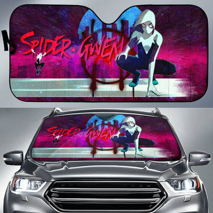 Spiderman Car Sun Shade Spider Gwen Graphic City Pattern Winshield Sun Shade Pink White